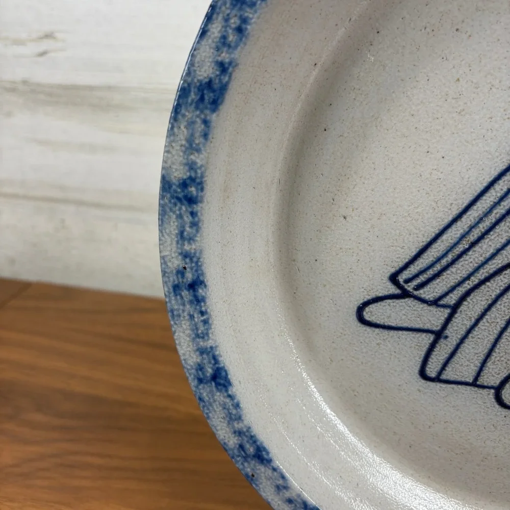 Eldreth Pottery Cobalt Blue Folk Art Rag Dog Pie Plate‎ 11 in. Signed 1980's